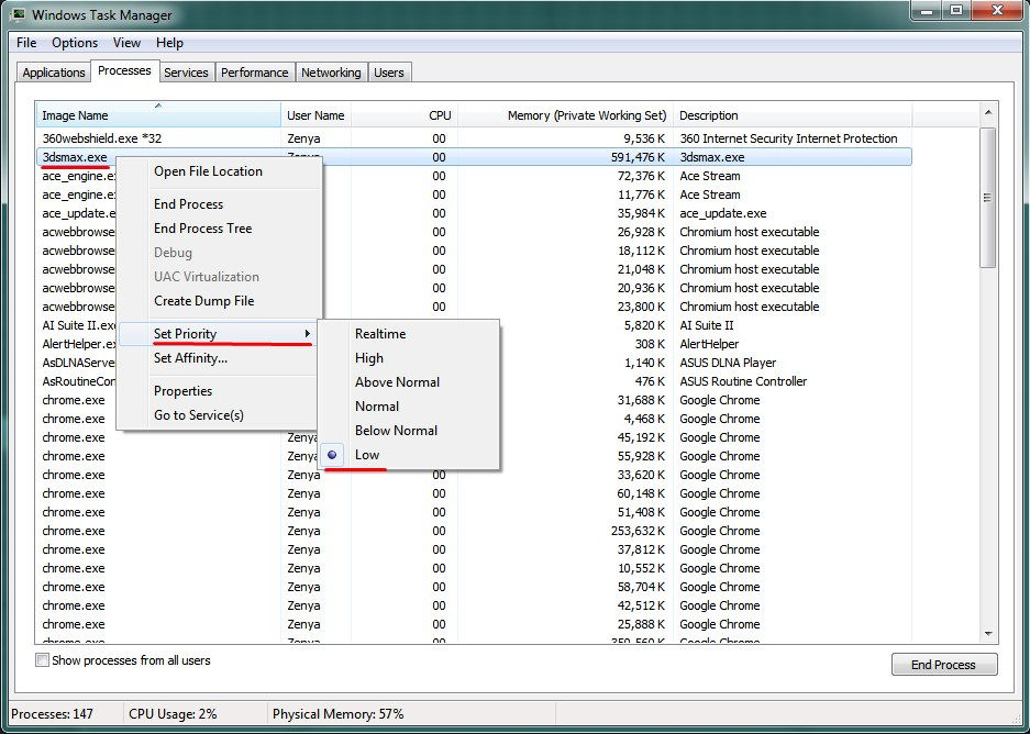 The setting of the low priority in Windows.