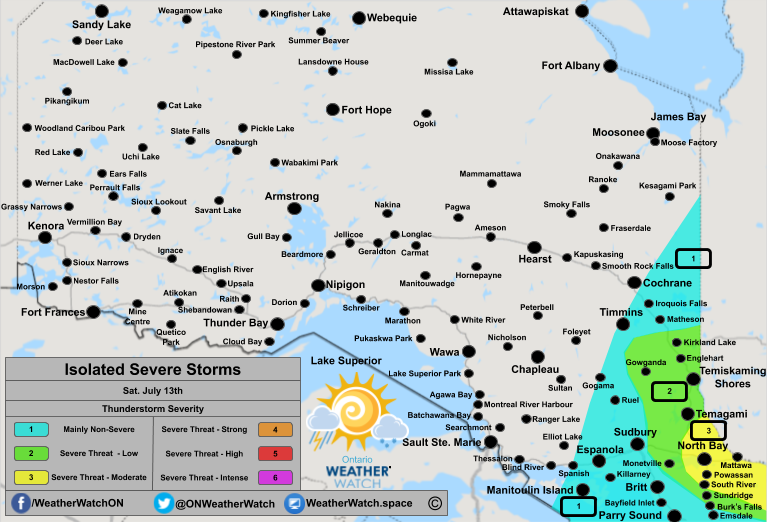 Thunderstorm Forecast, for Northern Ontario. Issued July 13th, 2019.