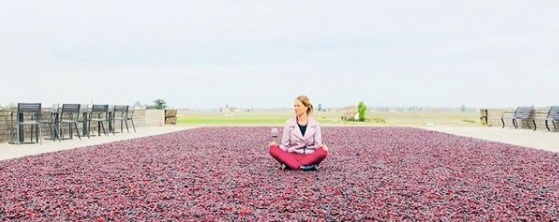 Margot assise sur le parvis d'un Château bordelais, un verre de rouge à la main
