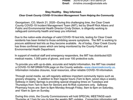Clear Creek County COVID-19 Incident Management Team Helping the Community