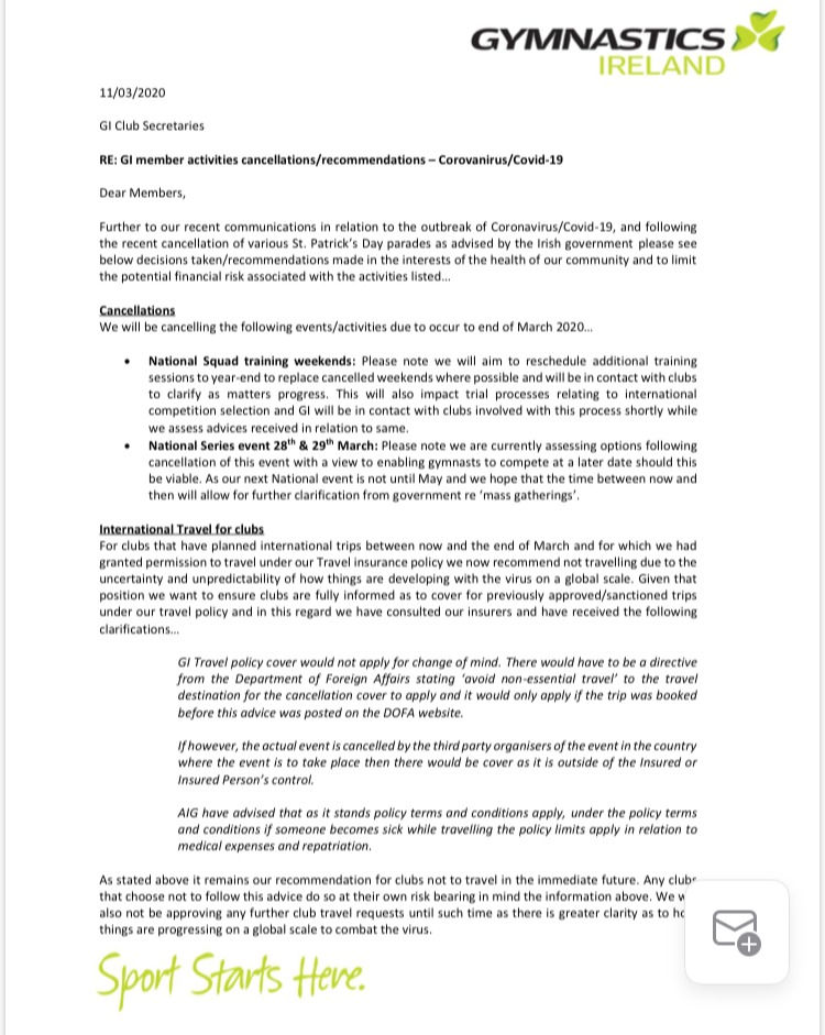 Gymnastics Ireland's letter to their members noticing their cancellations due to the virus