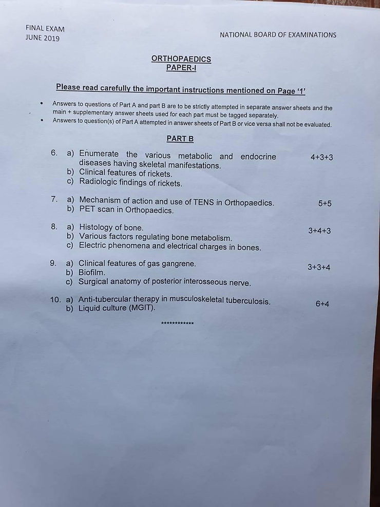 June 2019 DNB Orthopaedics theory exam Question papers