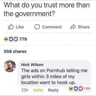 What do you trust more than the government. Ads on Pornhub telling me girls within 3 miles