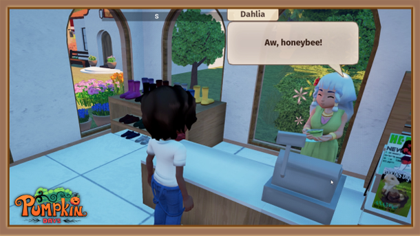 Dahlia stands at a register holding a gift given to her by the player. A text bubble appears above her head saying "Aw, honeybee!"