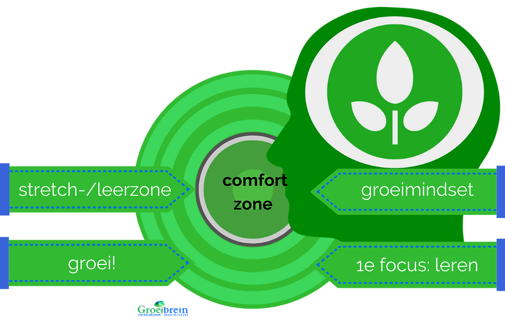 Groeimindset, Groeibrein, overzicht leerzone vanuit de groeimindset, Saskia Verhaeren. Comfortzone stretchen