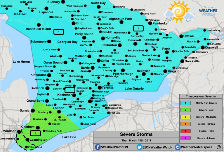 Severe Thunderstorm Forecast, for Southern Ontario. Issued March 14th, 2019.