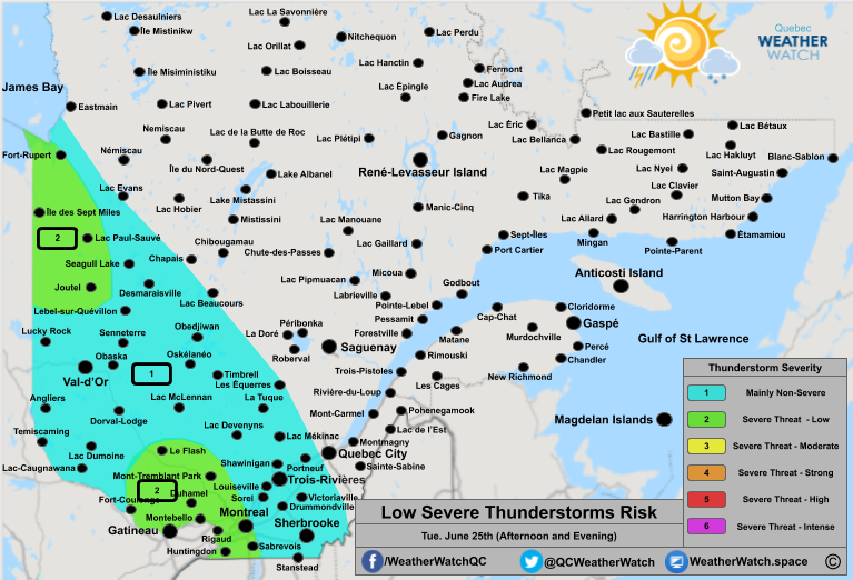 Thunderstorm Forecast, for Southern Quebec. Issued June 25th, 2019.