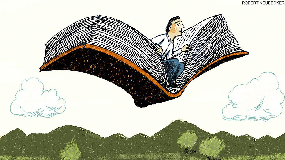 man flying on a book by robert neubecker