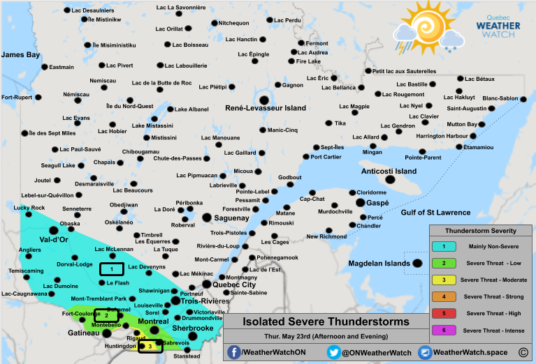 Thunderstorm Forecast, for Southern Quebec. Issued May 23rd, 2019.