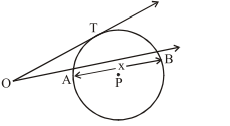 In the given figure, OT is a tangent and AB is a
the secant of the circle with center P. OT is 6 units, OA
is 4 units and AB is x units. content media