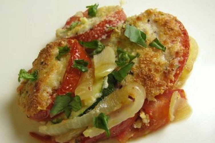 Tomato, squash, carmelized onion gratin