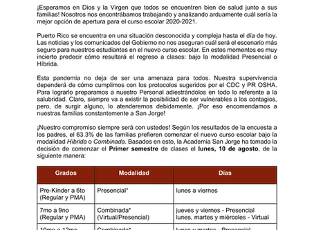 Comunicado oficial sobre inicio de curso 2020-2021