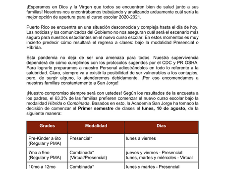 Comunicado oficial sobre inicio de curso 2020-2021