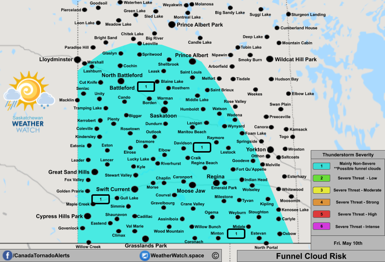 Thunderstorm + Funnel Cloud Forecast, for Southern Saskatchewan. Issued May 10th, 2019.