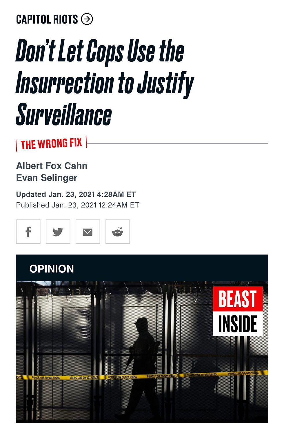 News post from Beast Inside stating 'Don't Let Cops Use the Insurrection to Justify Surveillance'. 