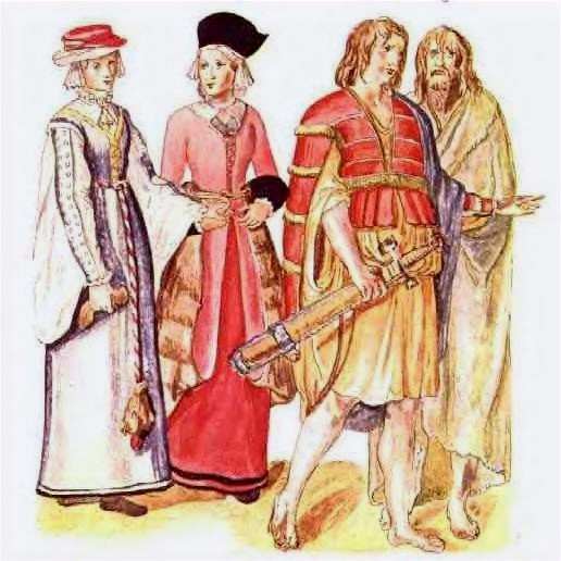 Image of four people, two women on the left and two barefoot mustachioed men on the right
