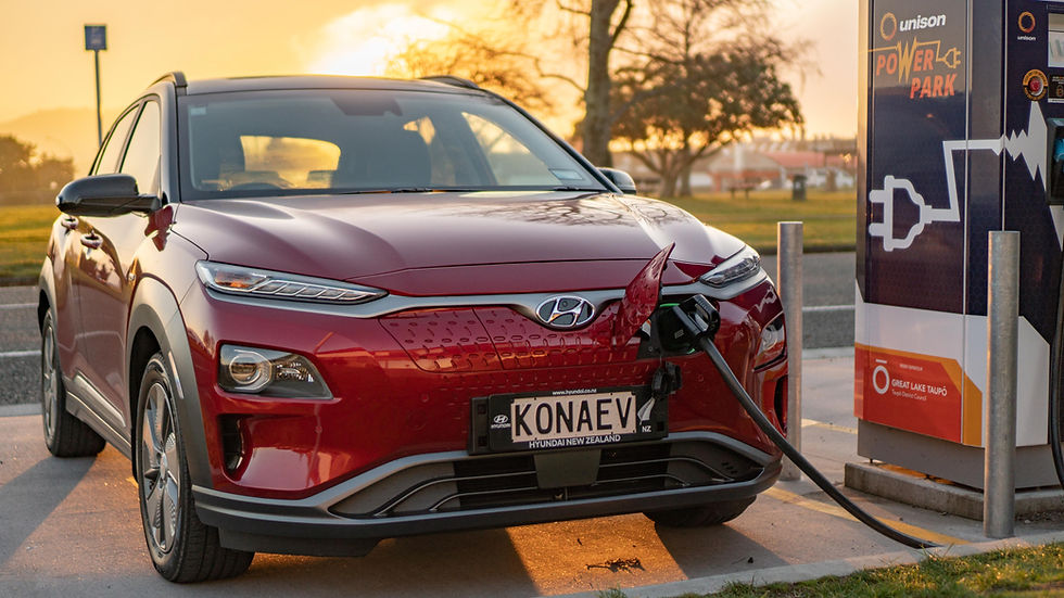 Hyundai Kona Electric 2019 front red fast charging Lake Taupo New Zealand Unison Power Park