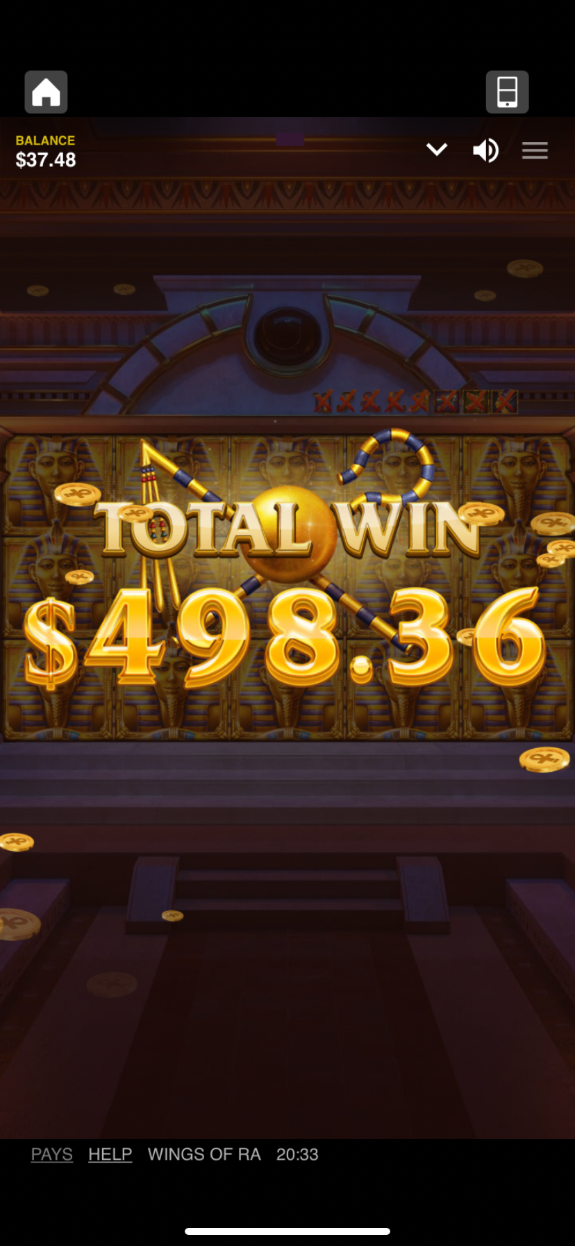 Wings of Ra on 20 or 40 c bet (can’t remember) 5 bonus symbols=more spins.. notice all symbols except best is blocked content media