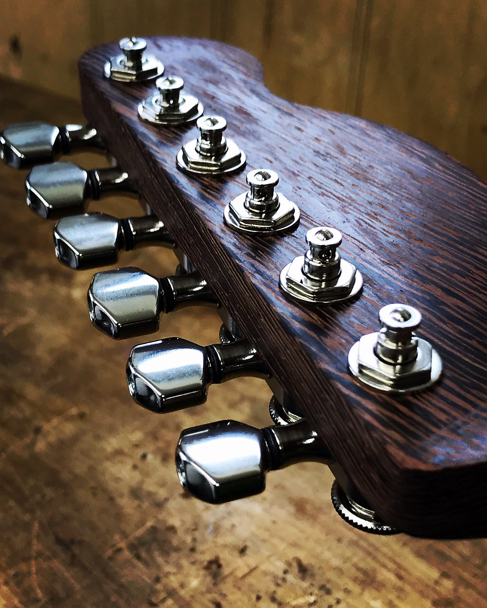 telecaster type guitar headstock neck made from wenge and fitted with Sperzel locking tuners on a custom electric by Malone Guitars in Billericay Essex