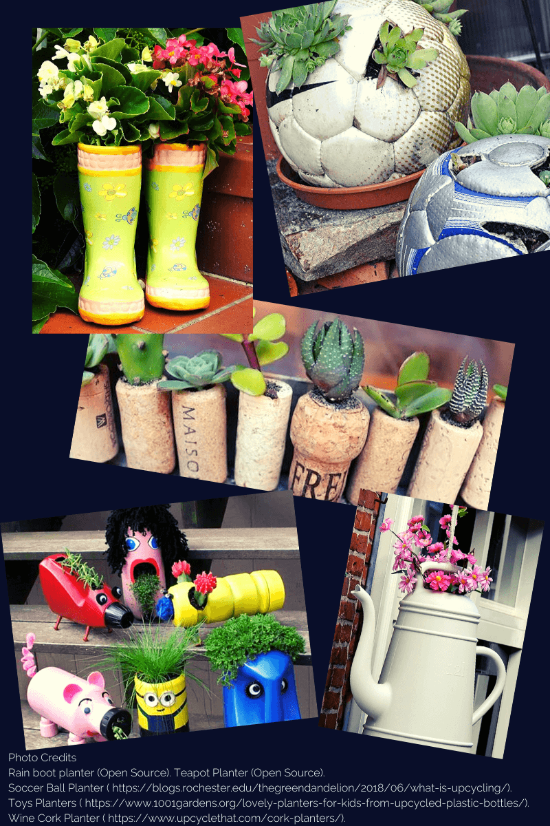 Photo collage of unique items used as planters. Items include Old teapots, soccer balls, wine corks, boots, kids toys. All items have been filled with plants. Wine corks, soccer ball, and small kids toys have been drilled open and filled with succulents. Rain boots and teapot are filled with flowering plants.