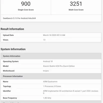 Features of Redmi K30 Pro Zoom Edition Revealed in Geekbench