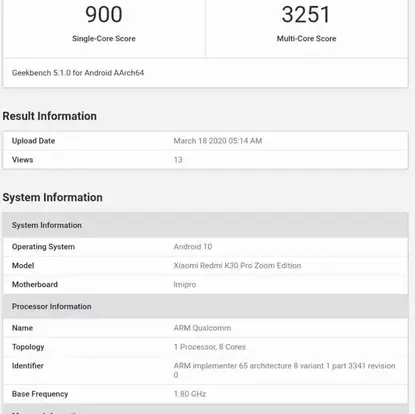 Features of Redmi K30 Pro Zoom Edition Revealed in Geekbench