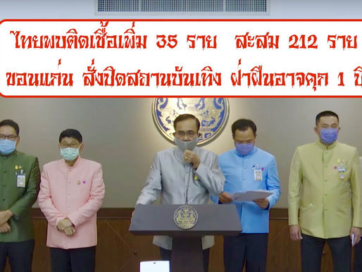 ไทยติดเชื้อเพิ่ม 35 ราย ขอนแก่นประกาศปิด สถานบันเทิง สถานศึกษา ฝ่าฝืนอาจมีโทษจำคุก 1 ปี