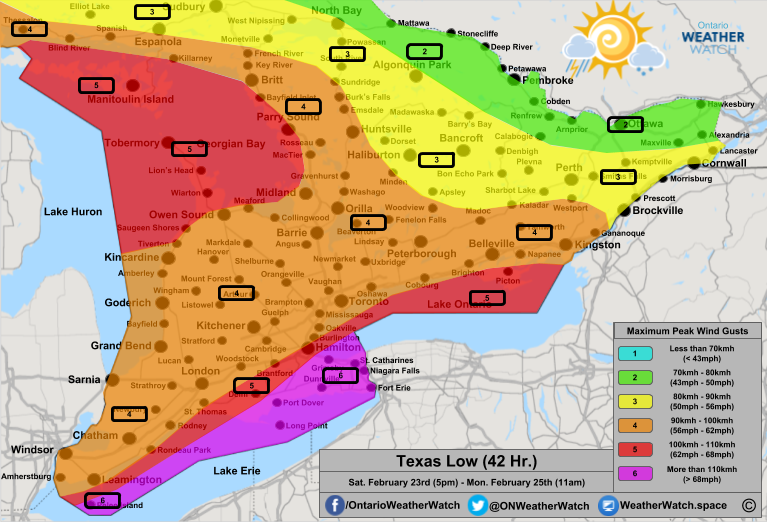 Peak Wind Forecast, for Southern Ontario. Issued: February 23rd, 2019.