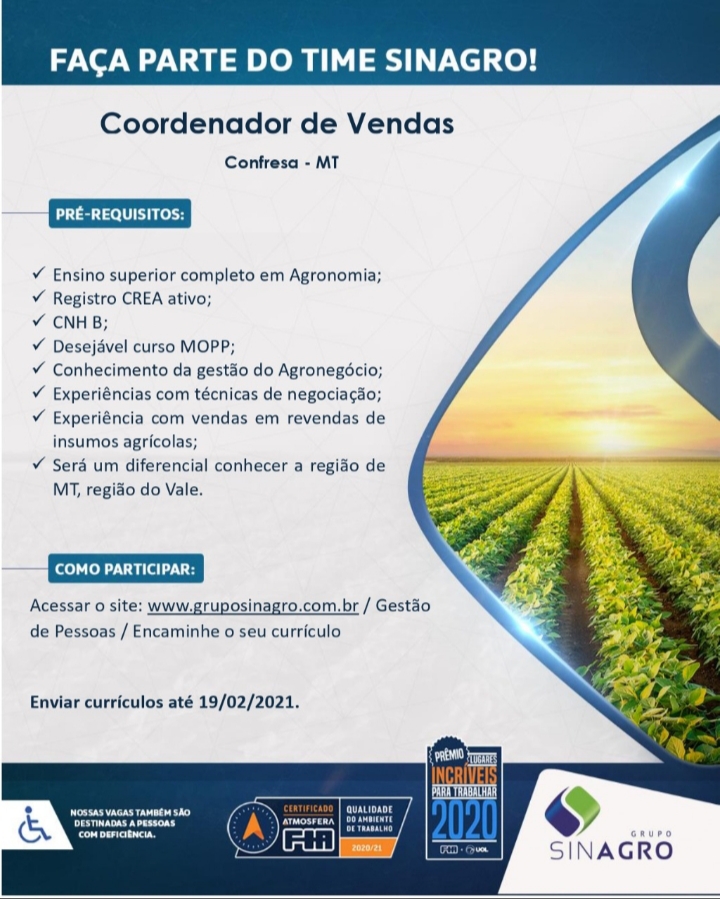 Vaga para Coordenador de Vendas no Grupo Sinagro content media