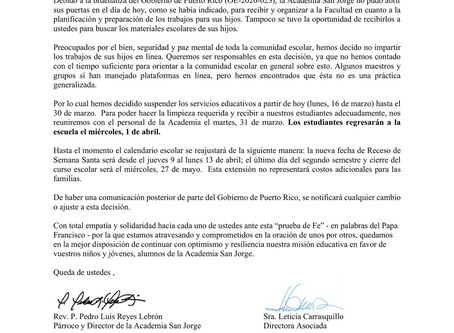 Comunicado oficial a la comunidad escolar (lunes, 16 de marzo)