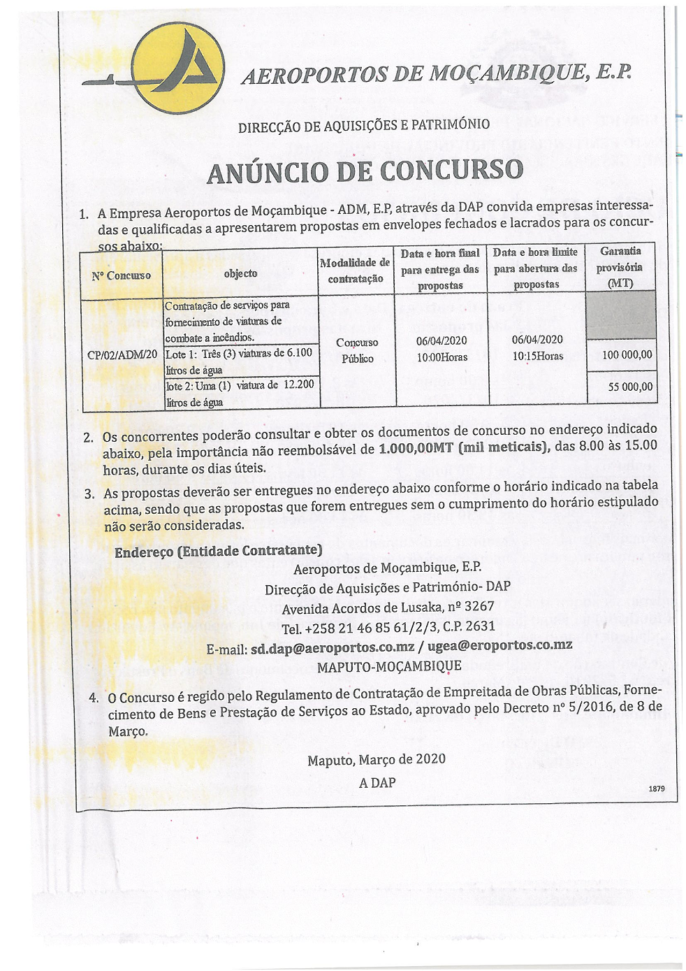 CONCURSO CP/02/ADM/20 - Contração de serviços para fornecimento de viaturas de combate a incêndios content media