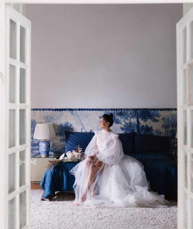 Bride getting reading for wedding at Quinta do Torneiro in the main bridal room for an elopement wedding
