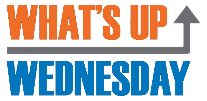 What's Up in orange above a gray arrow point up, above Wednesday in blue print