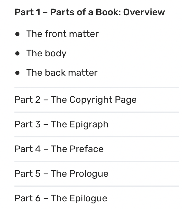 Parts of a Book Explained: Front Matter, Body, and Back Matter; Source: Reedsy content media