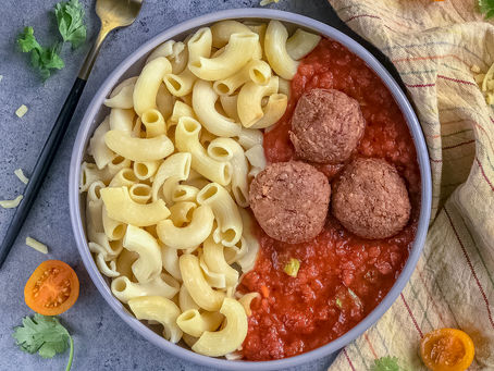 Spicy Red Lentil Pasta w/ Chickpea Meatballs