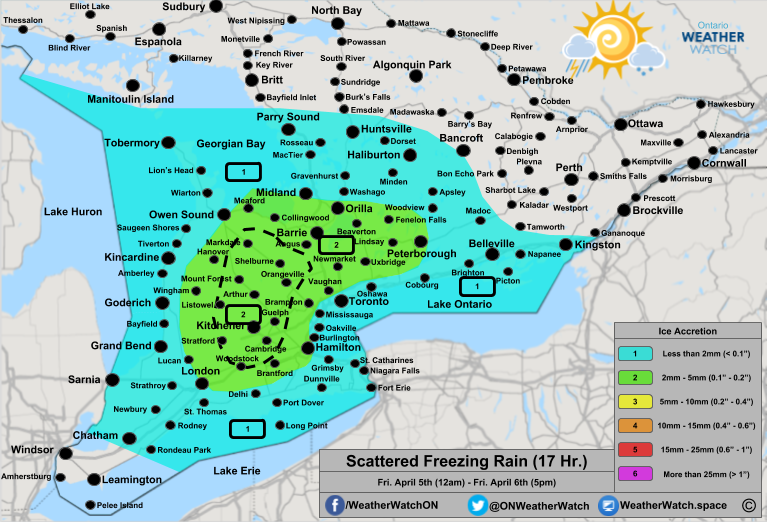 Freezing Rain Forecast, for Southern Ontario. Issued April 4th, 2019.