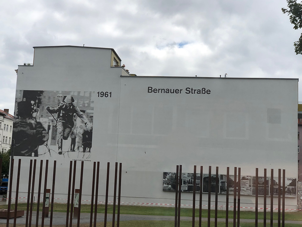 Spot at the corner of Ruppiner Straße and Bernauer Straße where the historic defection of East German soldier Conrad Schumann took place where he jumped over the barb wire marking the border between East and West Berlin on 15 August 1961.