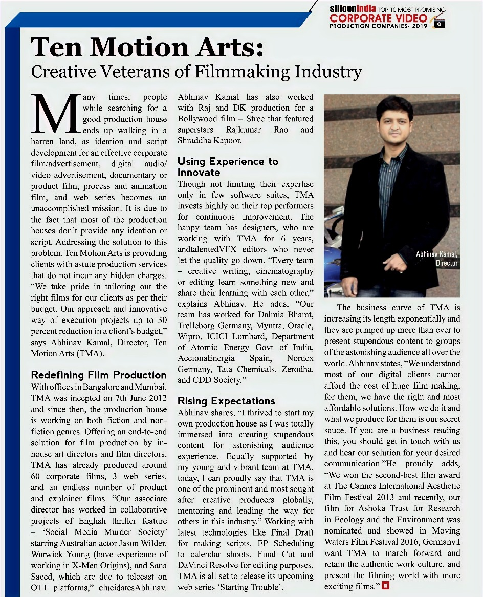 Ten Motion Arts - Corporate Video Production Company in Bangalore winner of the award by Siliconindia