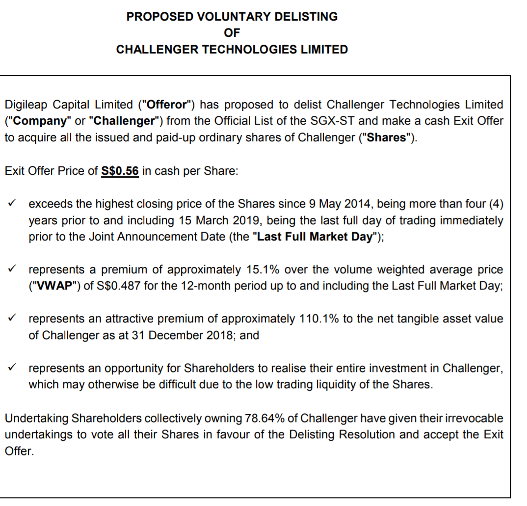 Challenger wants to delist from SGX at 56 cents per share content media