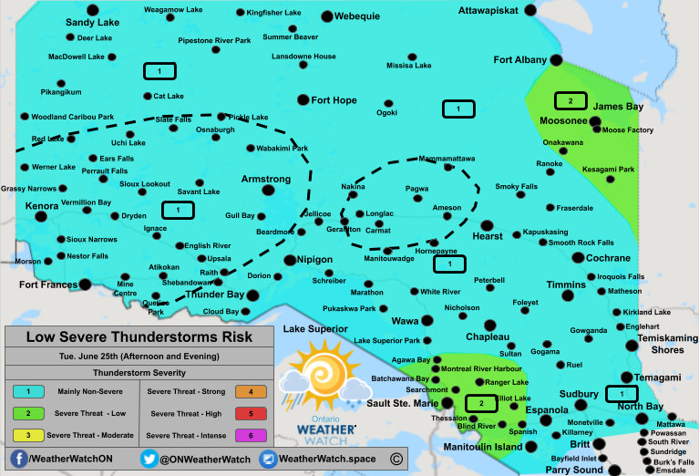 Thunderstorm Forecast, for Northern Ontario. Issued June 25th, 2019.
