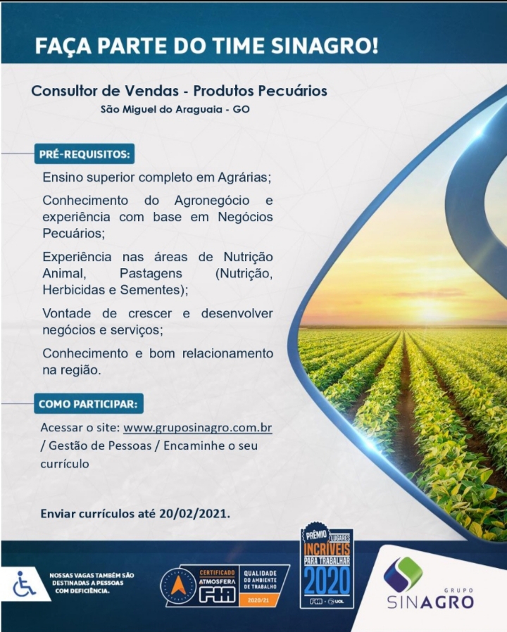 Consultor de Vendas- Produtos Pecuários no Grupo Sinagro content media