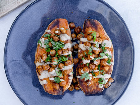 Baked Sweet Potatoes with Crunchy Chickpeas & Tahini