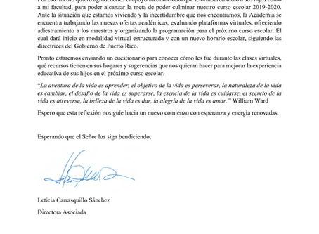 Mensaje de la Directora sobre el fin de curso 2019-2020