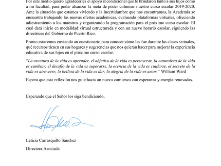 Mensaje de la Directora sobre el fin de curso 2019-2020
