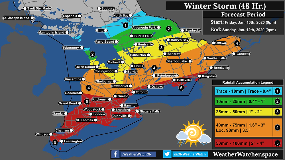 Rainfall Forecast, for Southern Ontario. Issued January 10th, 2020.