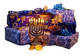 Pile of presents wrapped with Jewish-themed wrapping paper, and a lit Menorah in front.