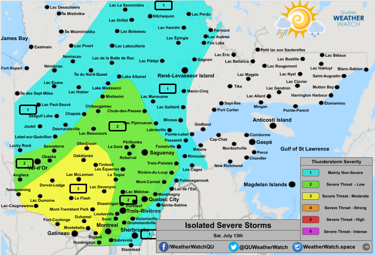 Thunderstorm Forecast, for Southern Quebec. Issued July 13th, 2019.