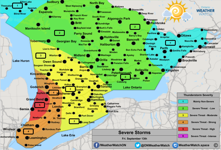 Thunderstorm Forecast, for Southern Ontario. Issued September 13th, 2019.