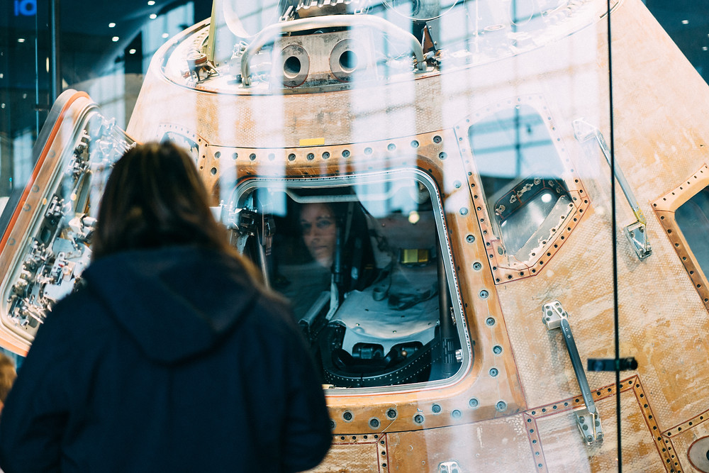 Reflection in the glass in front of the Apollo 16 command module