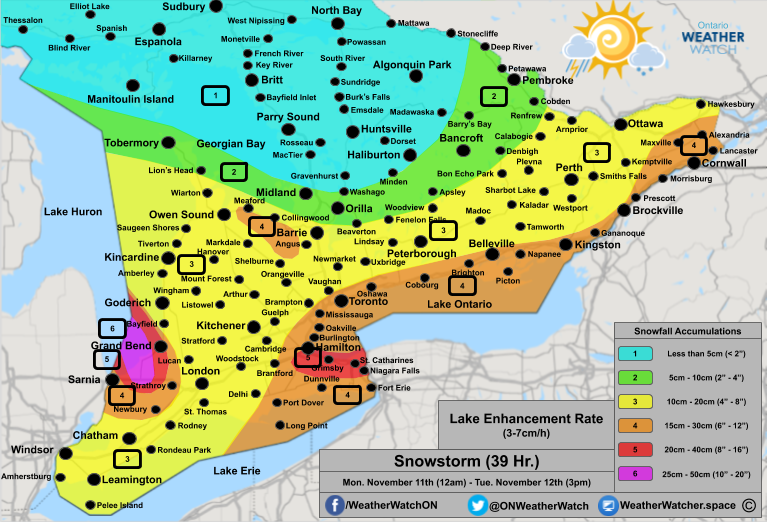 Snowfall Forecast, for Southern Ontario. Issued November 11th, 2019.